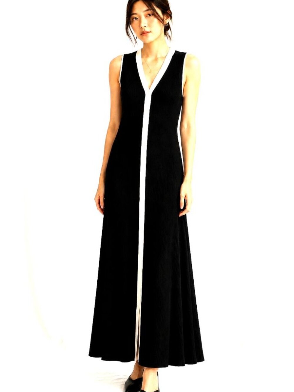 TALBOTS Slveless Maxi Sweater Dress Ribbed Ivory Button Trim, Blk White, XL
